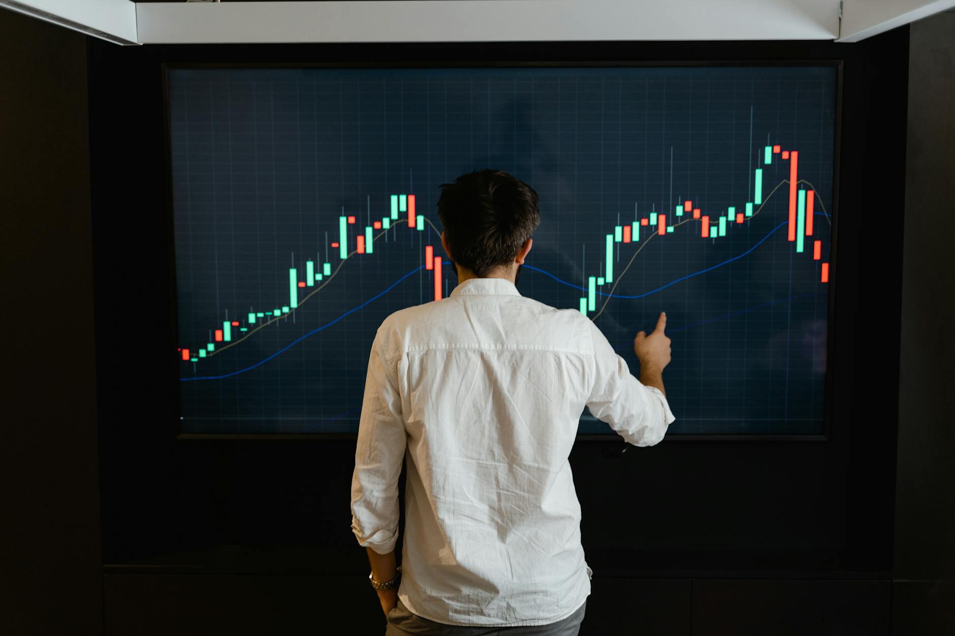 Financial expert analyzing market data on digital display